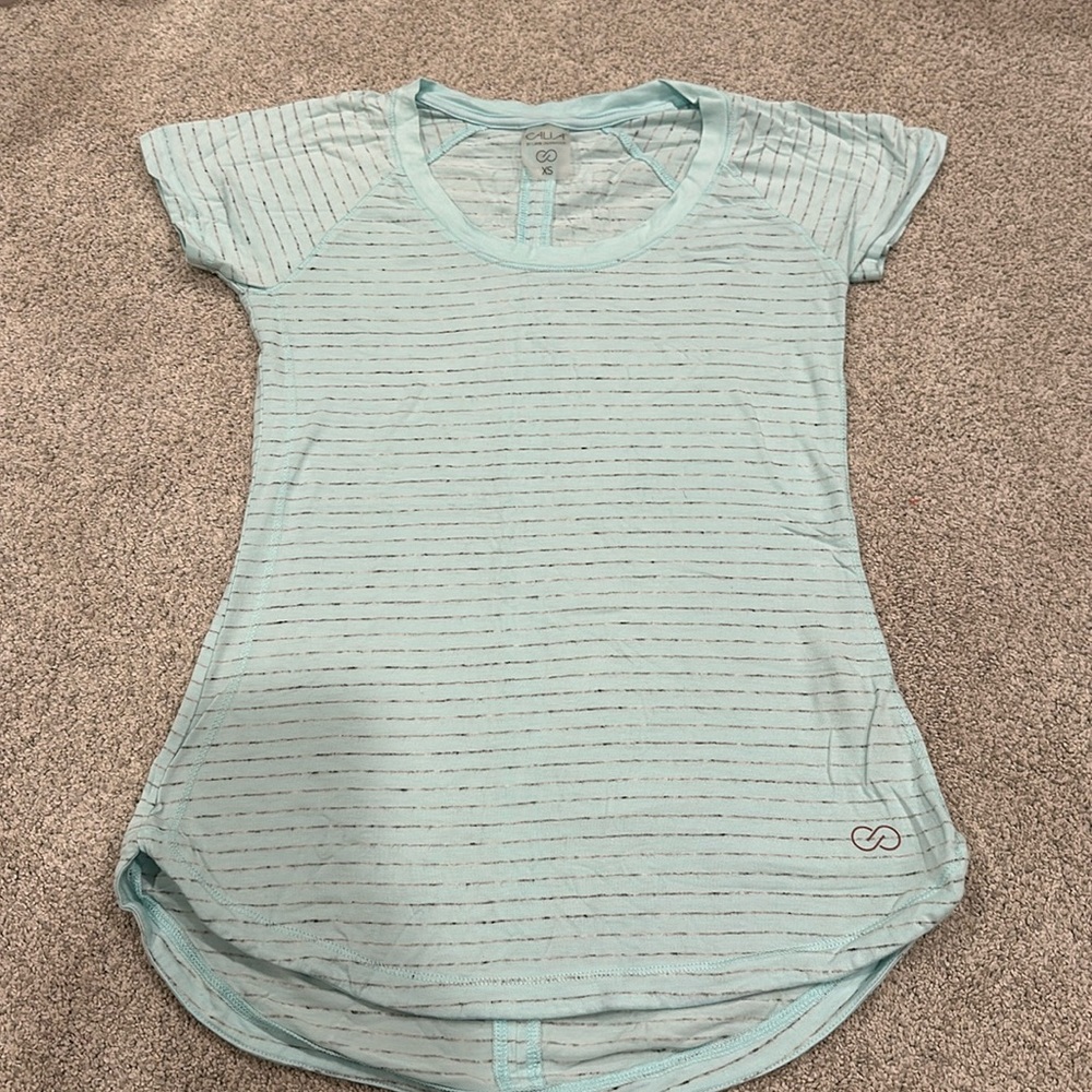 Calia by Carrie Underwood Athletic Top, Light Blue with Grey Stripes, Size XS